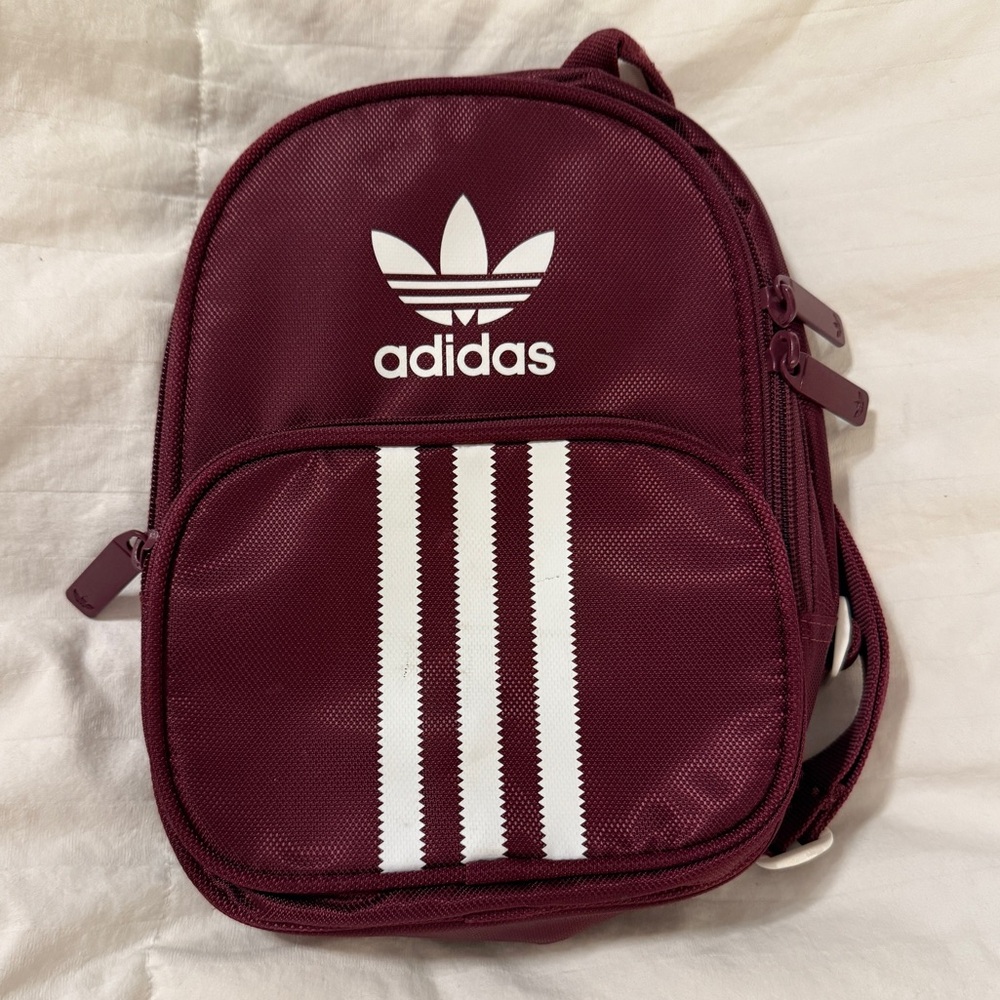 Adidas Mini Maroon Backpack with White Stripes